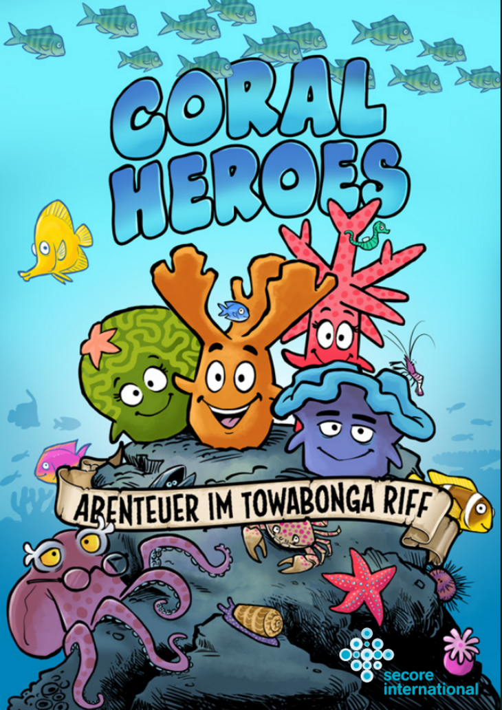 Mehrere bunte Korallen, die als Helden im Comic vorkommen, strahlen die Betrachter an.