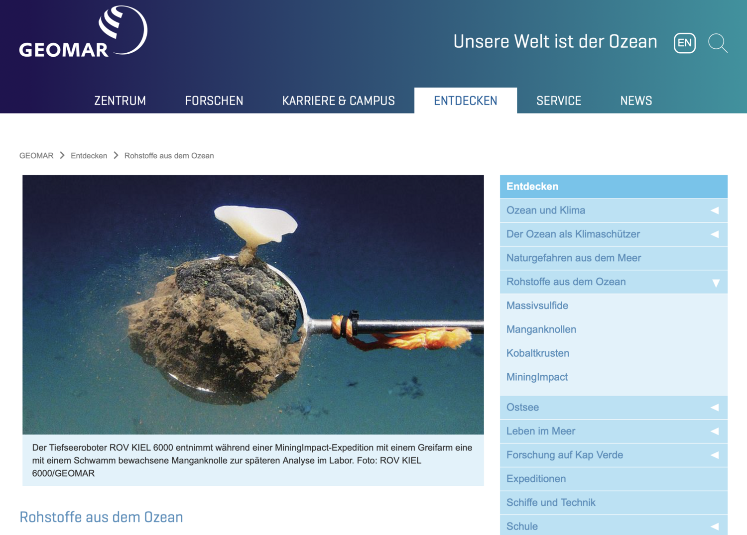 Screenshot der Webseite "Rohstoffe aus dem Ozean" des Forschungszentrums GEOMAR