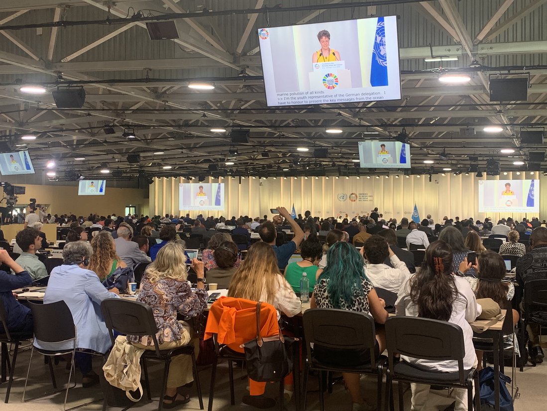 Participants in the closing plenary session of the third UN Ocean Conference in Nice listen to the delegations' statements.