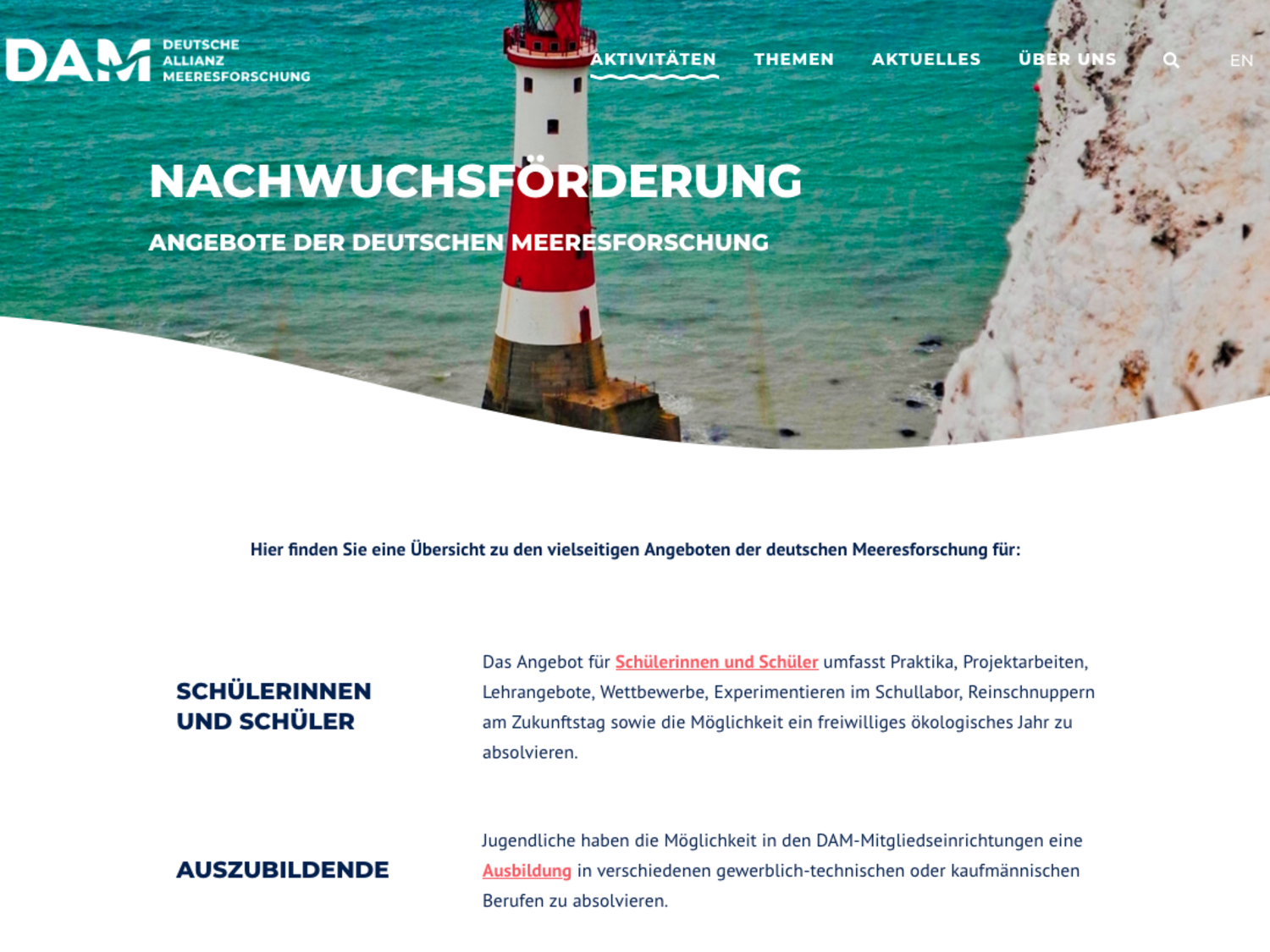 Screenshot der DAM-Website mit Informationen zur Nachwuchsförderung, gegliedert nach Zielgruppen.