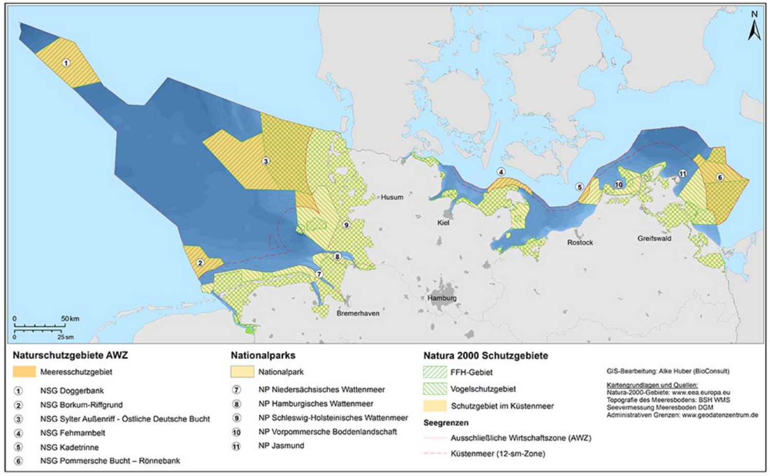 Das Bild zeigt eine Karte von den Natura-2000-Gebiete in der deutschen Nord- und Ostsee. Karte: NABU