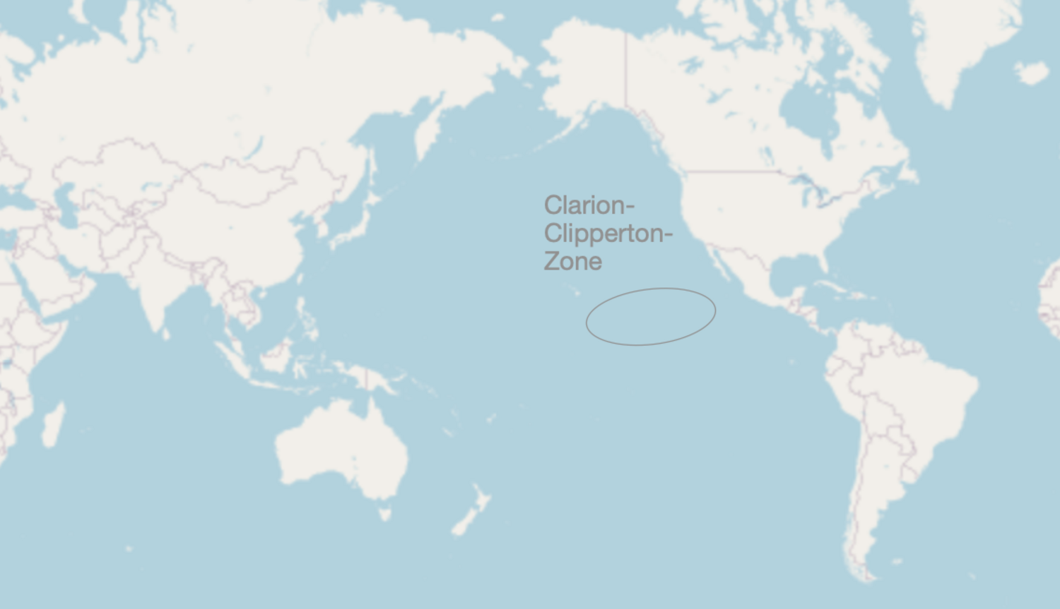 Weltkarte mit der Clarion-Clipperton-Zone, die mit einem ovalen Kreis markiert ist.