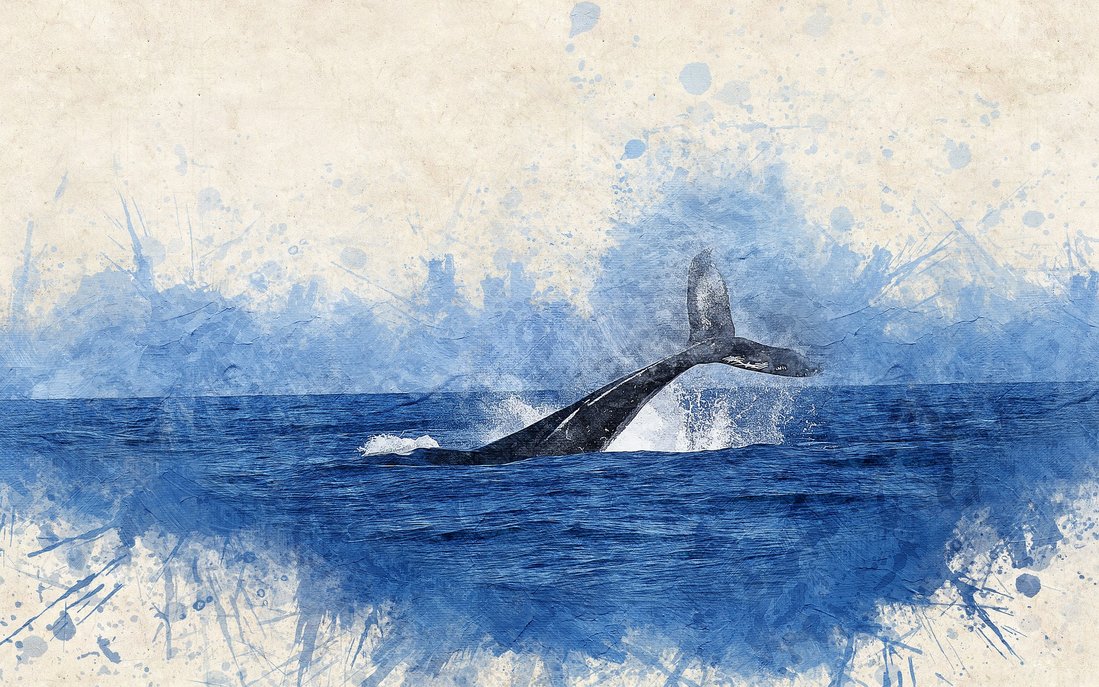 Illustration eines Aquarells einer Walflosse, die unter der Meeresoberfläche verschwindet. Furuno / Pixabay.
