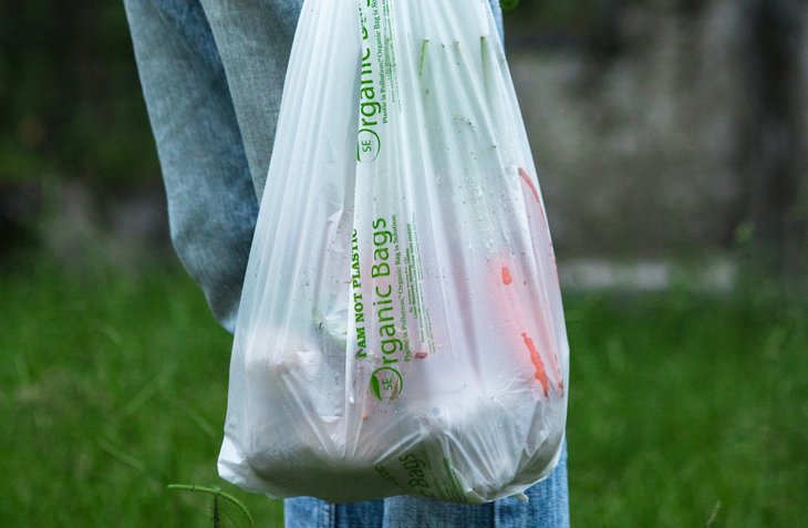 Eine Person hält eine Tüte in der Hand mit der Aufschrift "I am not plastic - organic bag".