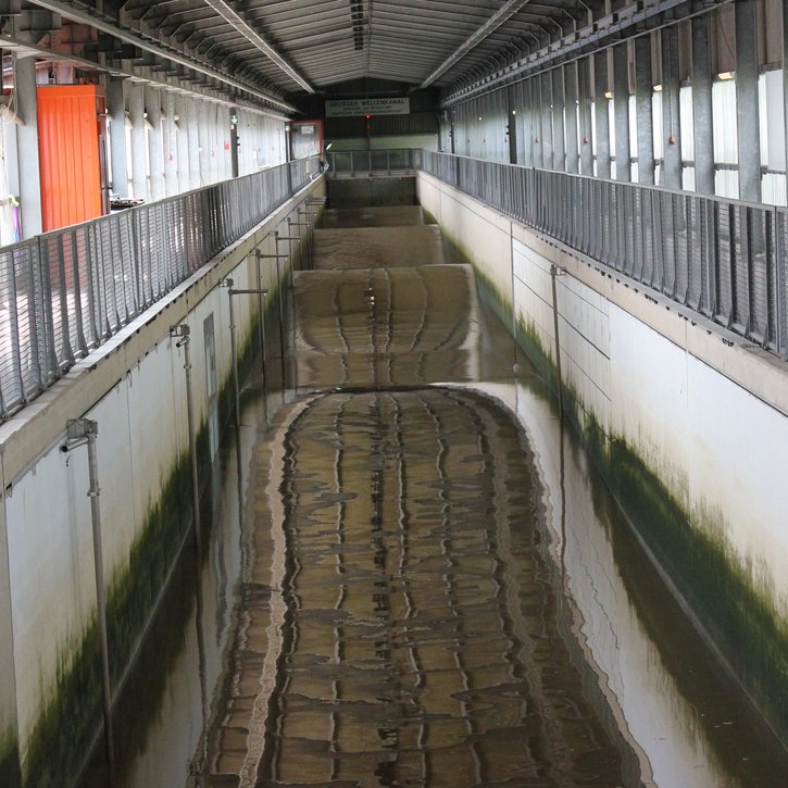  In a hall there is a long channel in which waves can be seen. 